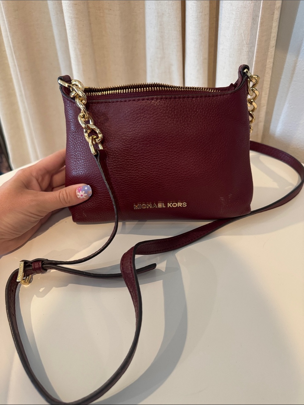 Michael Kors Deep Wine Pebbled Leather Crossbody with Gold Chain